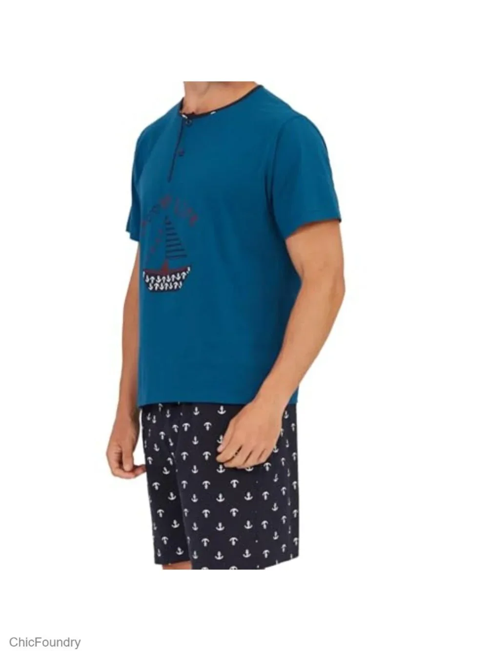 Mens Cotton Henley Pajama Set Short Sleeve T-Shirt & Shorts Sleepwear